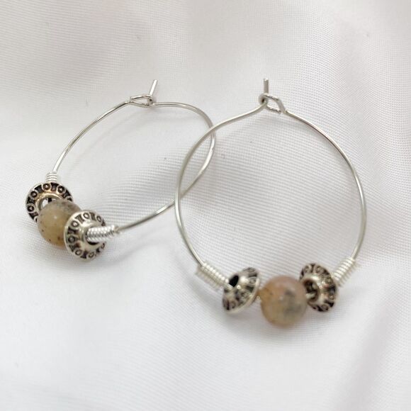 Stainless Steel Hoop Earrings with Peach Pink Round and Silver Bead - Picture 3 of 4